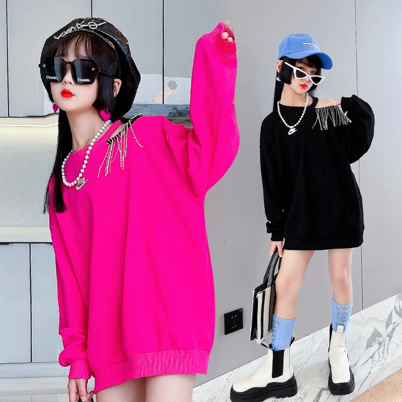 

Girls Sweatshirts Solid Color Diamond Tassel Off-shoulder Tops Children's Clothing Autumn Long Sleeve Casual Kids Sweatshirt
