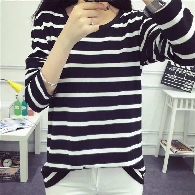 Женская футболка в полоску белая Повседневная Классическая с длинным рукавом и