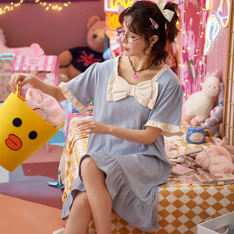 Women's Nightdress Summer Thin Short-sleeved Princess Wind Cute Sweet Student Pajamas Spring and Autumn Loose Home Service