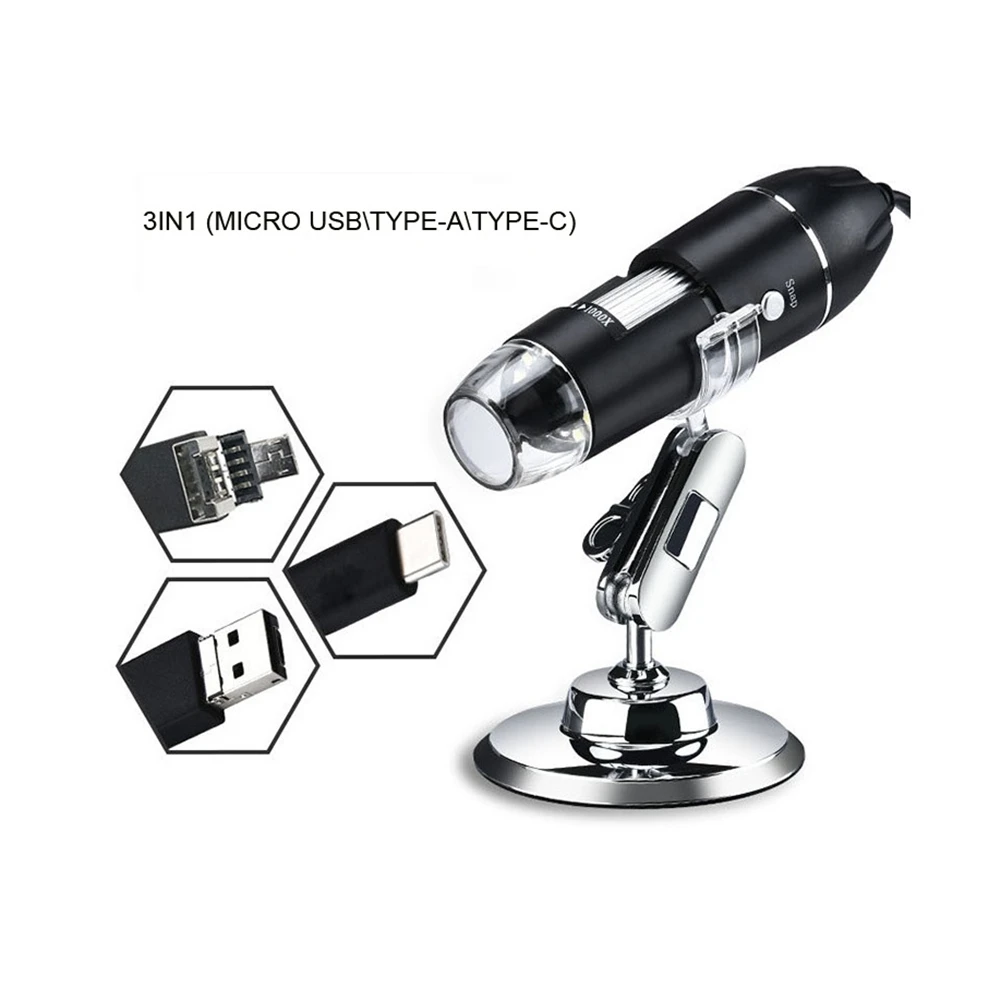 3in1 Регулируемый 1600X 1080P 8 светодиодный Цифровые микроскопы Тип C/A/Micro лупа USB