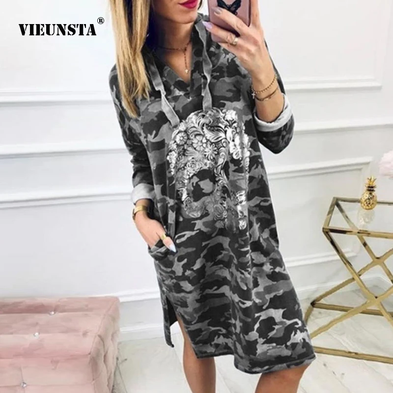 VIEUNSTA Хэллоуин камуфляжное платье с принтом черепа женское осеннее капюшоном на