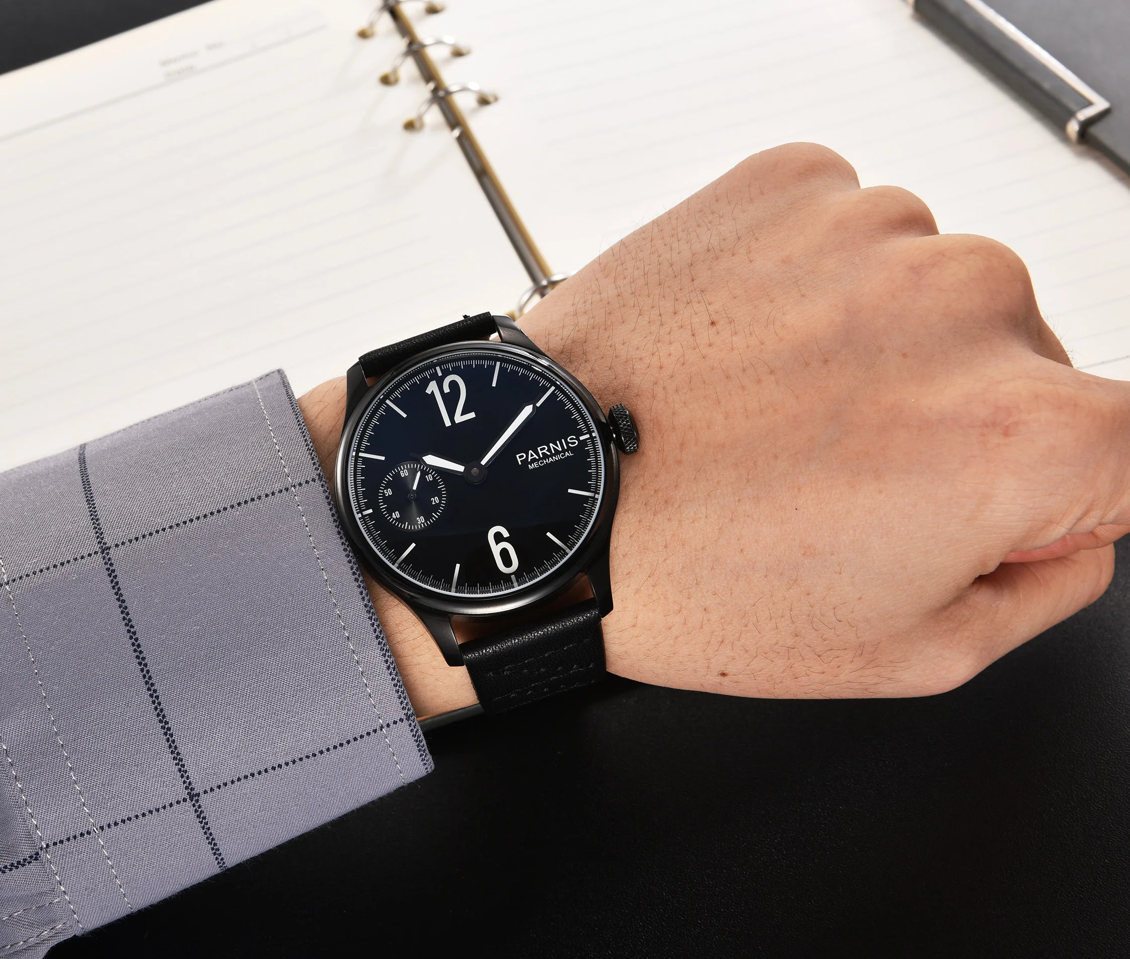 

44MM Men's Watch With Seagull ST3600 Manual Winding Movement Of 316 Stainless Steel Case Color Black