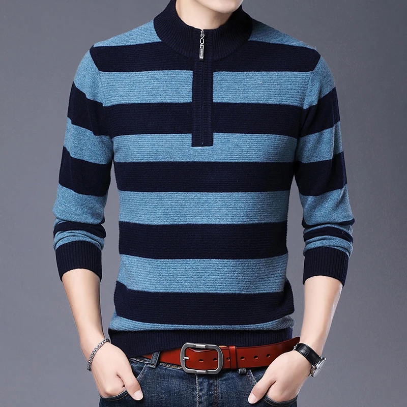 Winter Pure 100% Soft Wool Sweater Fashion Striped Zipper Jumper Male Warm Thick Sweaters Pullover