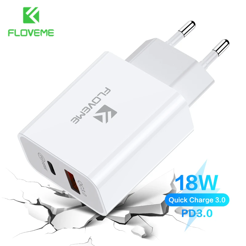 FLOVEME PD зарядное устройство 18 Вт Quick Charge 3 0 Dual USB для iPhone Samsung Xiaomi Мобильный телефон