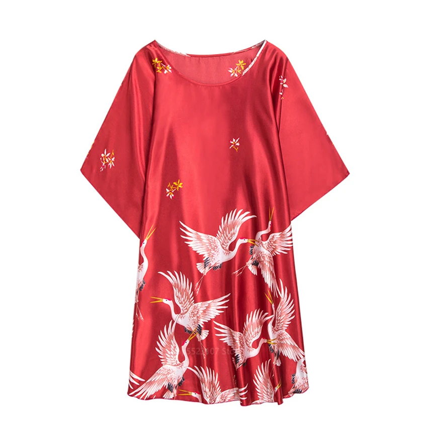 

Women Sleepwear Night Lingerie Satin Silk Print Crane Dress Asian Japanese Style Kimono Pajamas Homewear Sleep Clothing