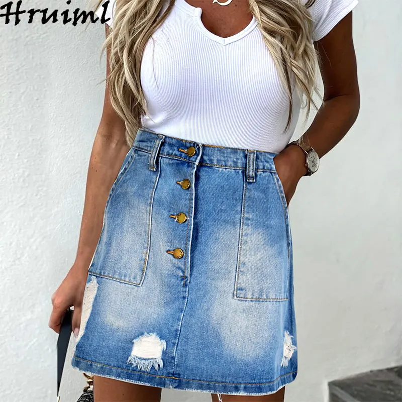 

Skirt Woman Blue Slim A-Line Button Pocket Skirts Denim Casual Summer Autumn Office Streetwear Skirts Womens Elegant Femme Jupes