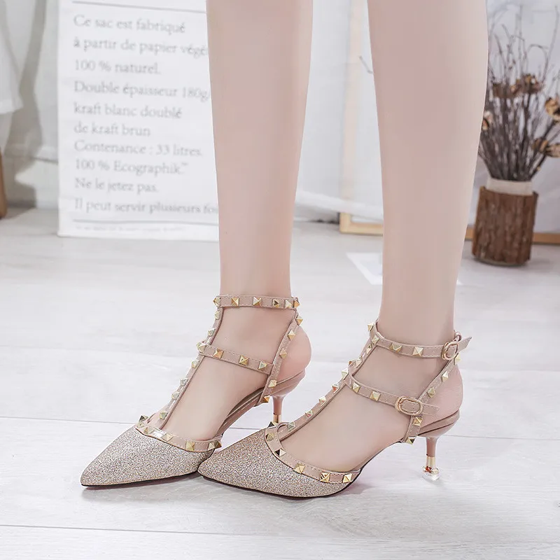 

Summer Rivet Sandals For Women Thin Thick Shoes High Heels Pointy Stiletto Sexy Nightclub