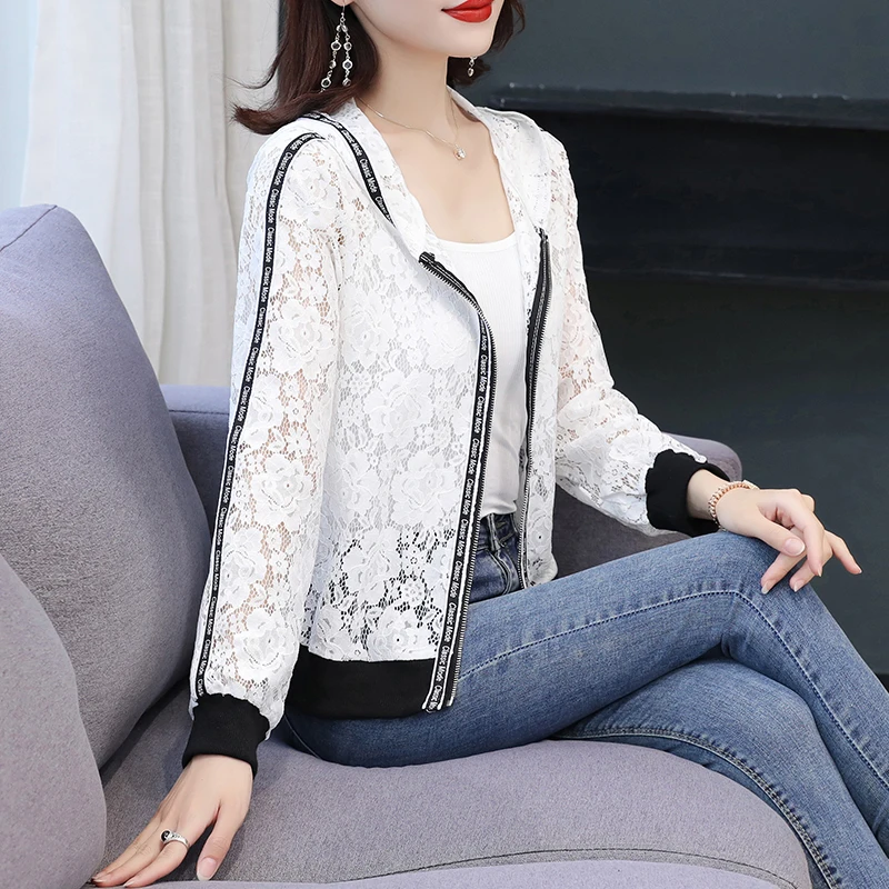 

Summer Hooded Lace Baseball Uniform Women's Thin Section Hollow Crochet Sunscreen Clothes Style Outer Zipper Cardigan Lace Coat