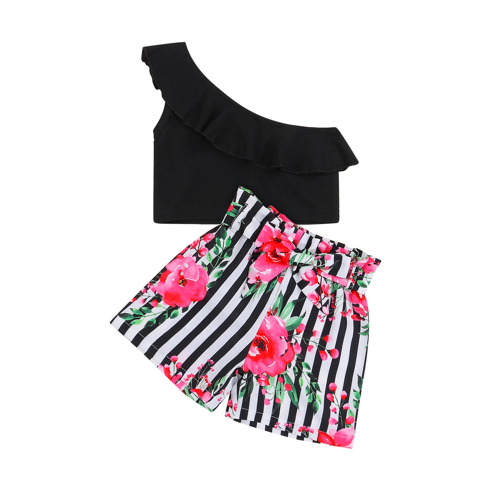 

Комплект одежды для девочек, однотонный топ без рукавов с открытыми плечами и короткие штаны с цветочным принтом