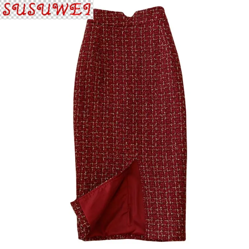 

Autumn and Winter Women's Mid-length Plaid Woolen Skirt 2021 New High Waist Bag Hip Skirt Winter Tweed High Quality
