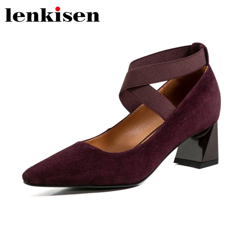 

Lenkisen elastic band modern shoes sheep suede breathable square toe strange thick med heels cross-tied elegant women pumps l62