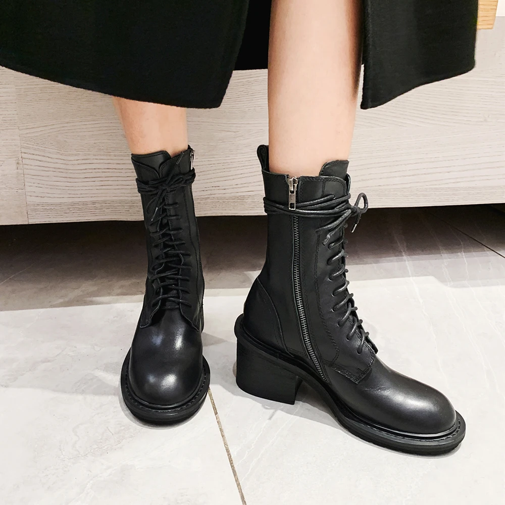 Murah Baru Kulit Asli Wanita Chunky Heels Sepatu Semata Kaki Pasang Kaos Mujer Lace-Up Wanita Pendek Booties Ritsleting Sisi Sepatu Bot Koboi Sepeda Motor