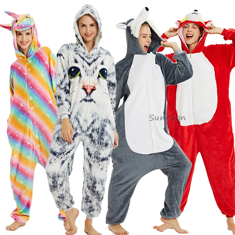 Kigurumi единорог пижамы Зимние Животные волк панда взрослые комбинезоны пижамы для женщин мужчин взрослых Пижама для девочек и мальчиков Комбинезон Комбинезоны