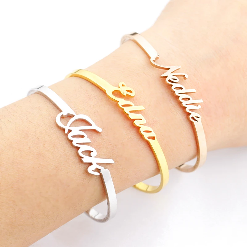 

Customized Products Adjustable Custom Cursive Name Bangles For Women Men Children Hand Jewelry Personalized Nameplate Bracelets