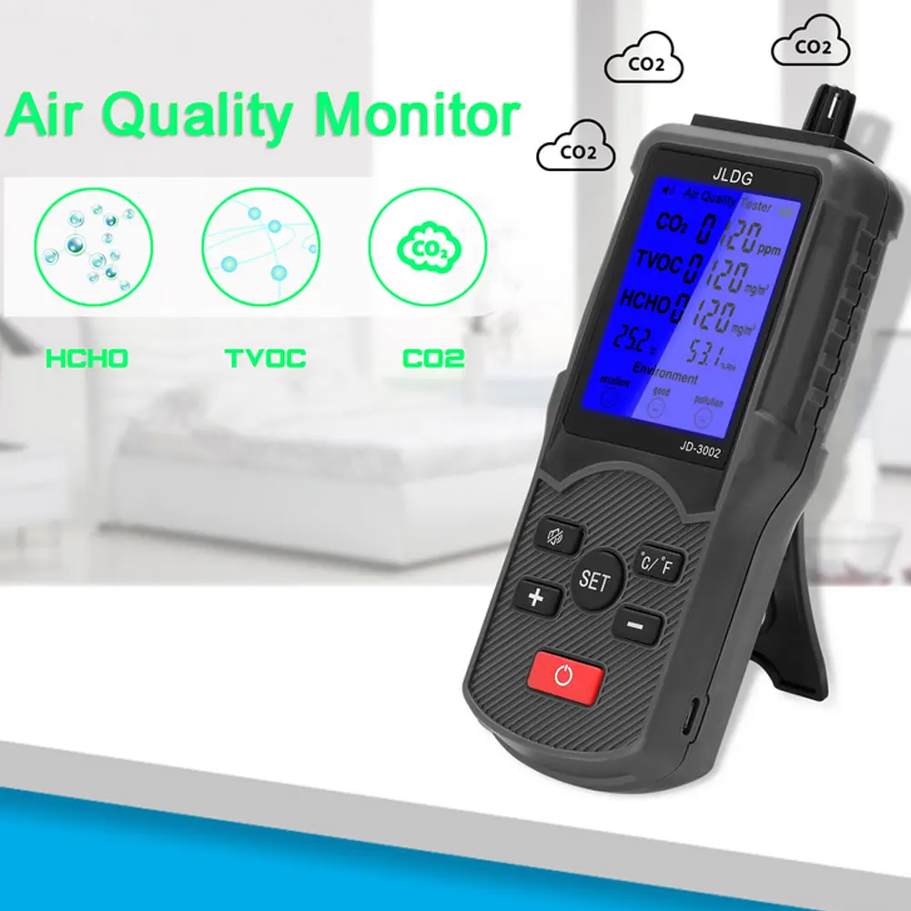 

Air Quality Tester JD-3002 Air Detector Temperature Humidity Measure LCD Screen Air Quality Test CO2 Monitor Muti-func Device