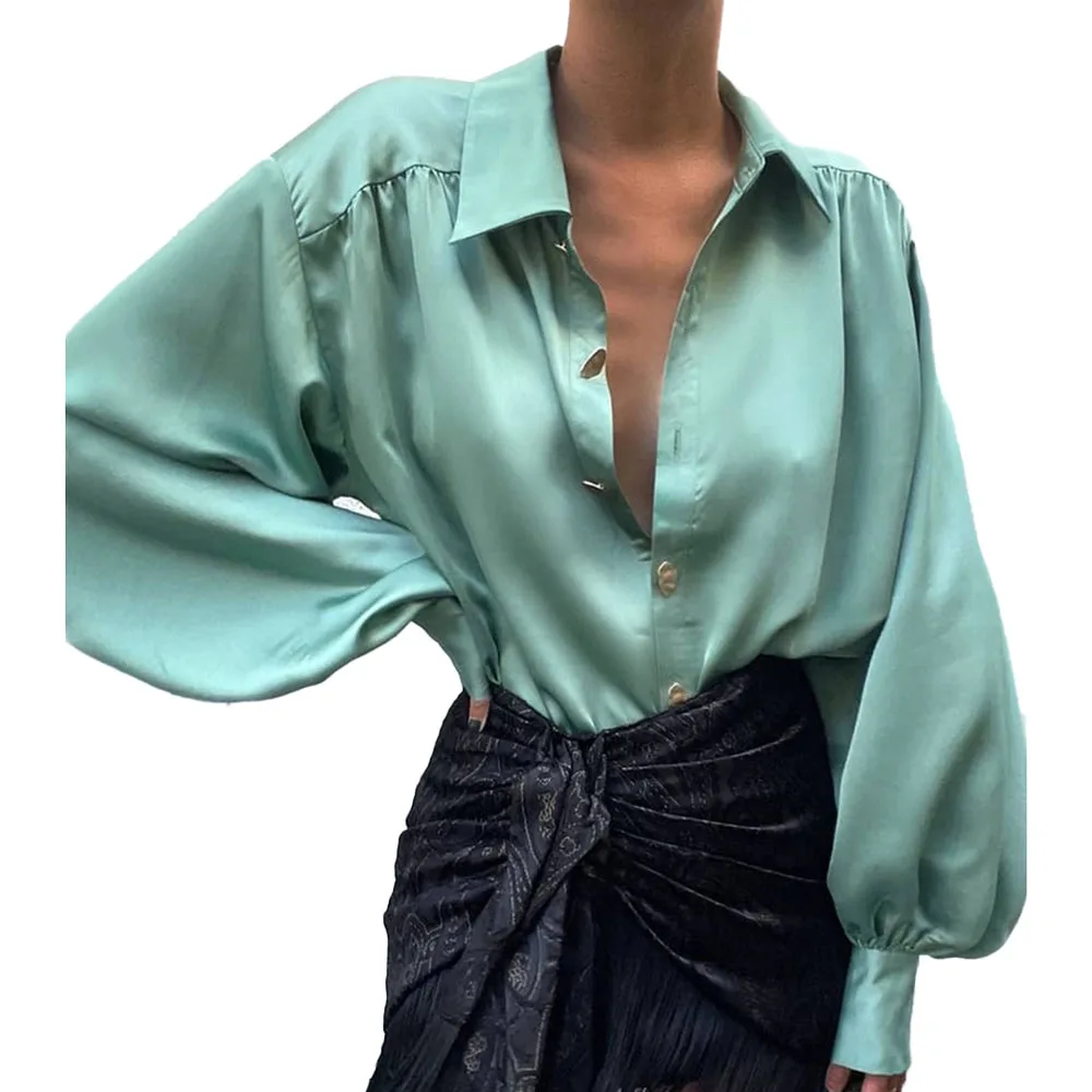 

2021 European American New Drop-shoulder Lantern Sleeves Metal Button Shirt Fashion Autumn Women's Clothing Simple Temperament