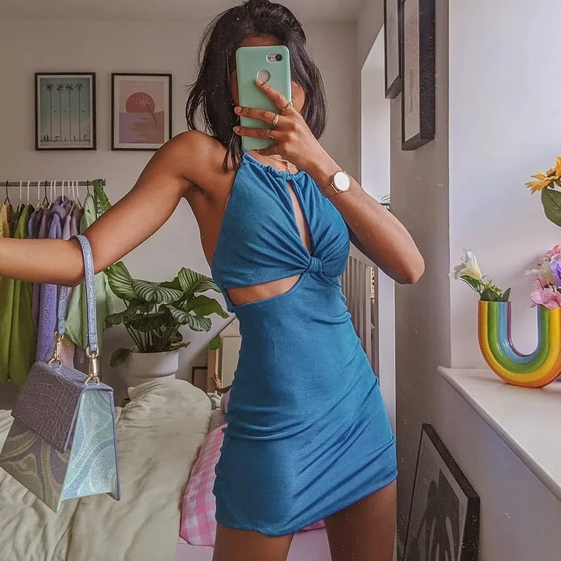 

Night Out Club Dress Sexy Summer Outfits Women Cut Out Halter Backless Mini Dresses Ladies Clothes 2021 Y2K Streetwear Style