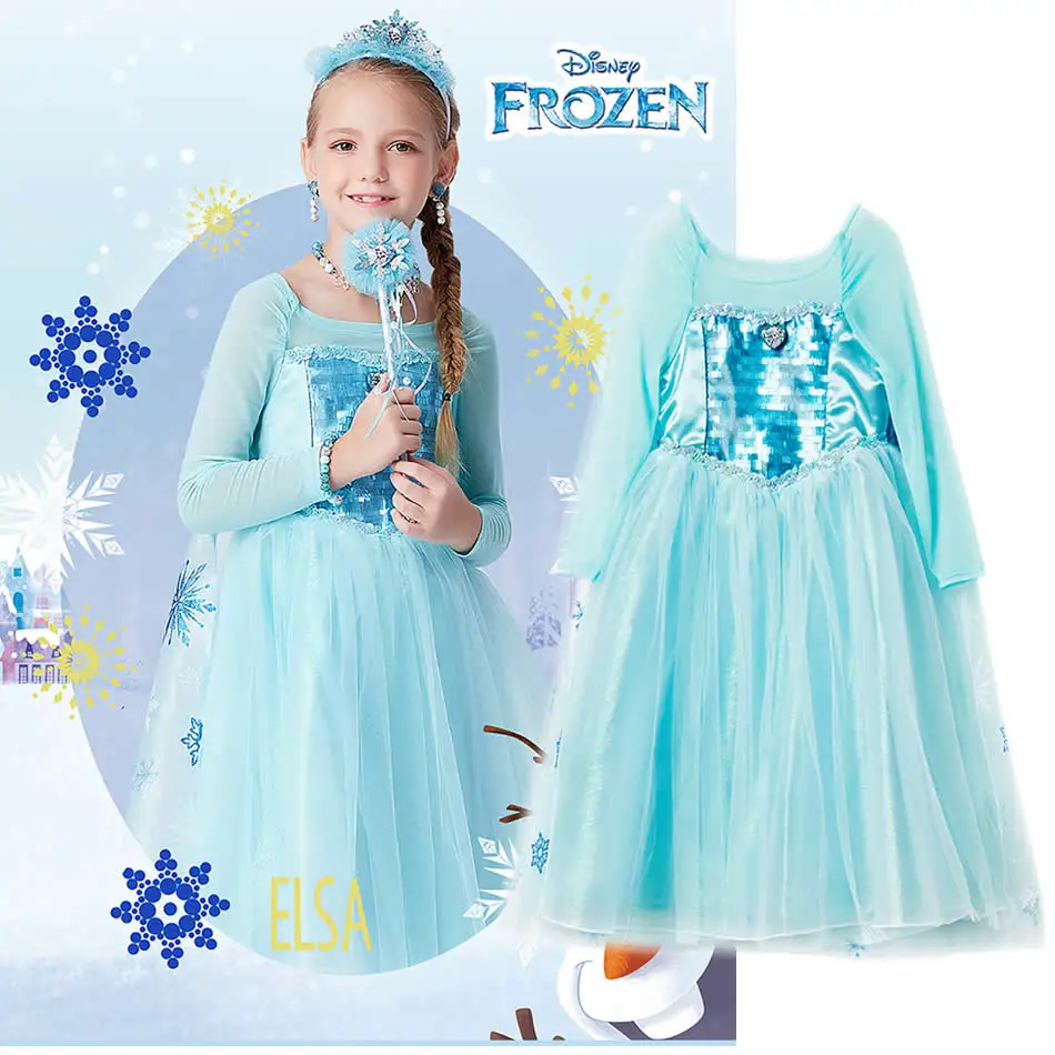 Платье Эльзы для девочек принцессы с длинными рукавами и блестками Детские синие