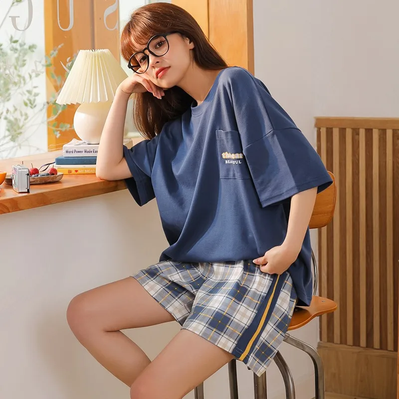 

Summer Women's Pajamas Cotton Korean Short Sleeve Shorts Cartoon Student Home Suit Label Pajama Sets nighty