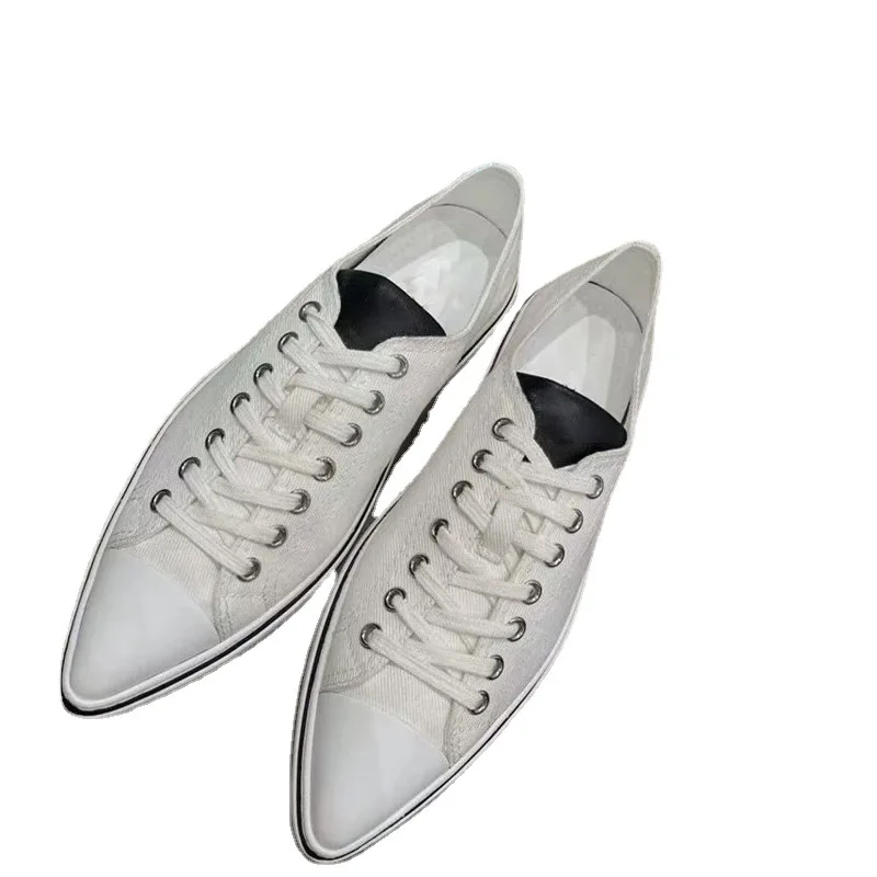 

2021 Spring and Summer New Versatile Casual Pointed Leather Patchwork Canvas Shoes