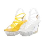 Женские босоножки с перекрестными ремешками 10 см, летние прозрачные туфли на танкетке и платформе, привлекательные женские Босоножки с открытым носком и застежкой на лодыжке на высоком каблуке