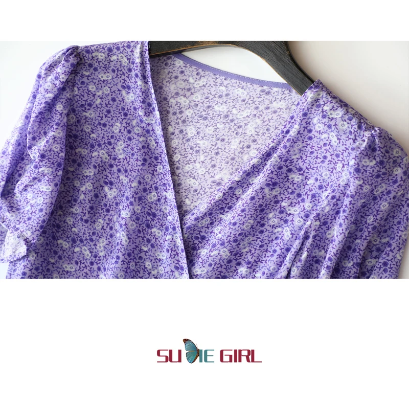 

SUDIE Girl Monaco sea breeze purple dream full silk V-neck short sleeve wrap-around tea break floral dress