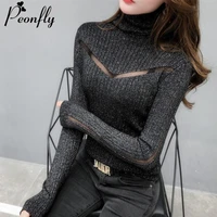 peonfly sexy perspective sweater women turtleneck pullovers sweaters hollow out autumn ladies sweater elastic bodycon jumper