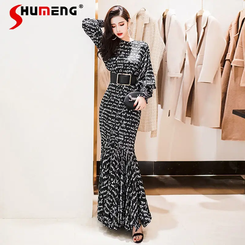 

Женское платье макси с высокой талией, длинное Цветочное платье-трапеция с круглым вырезом и длинным рукавом, весна 2021