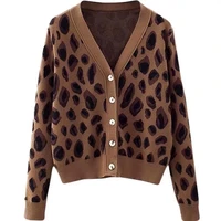 leopard print knitted cardigan womens v neck long sleeve 2021 autumn new loose fashion student cropped sweater coat fashion