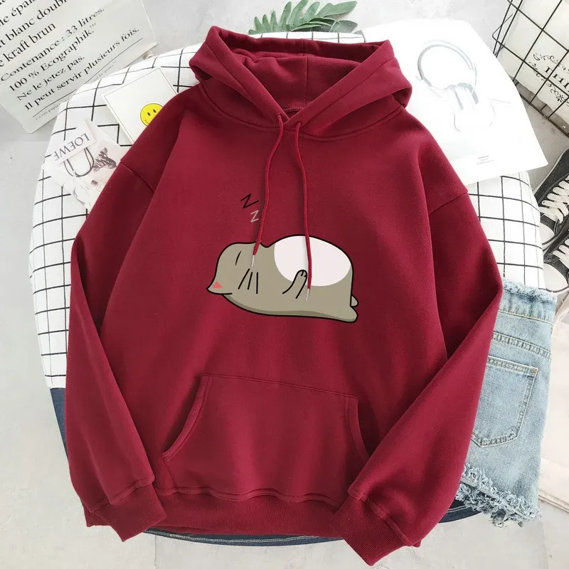 

Winter Casual Women Sweatshirt Cartoon Cute Sleeping Japan Cat Pullover Long Sleeve Loose Add Velvet To Keep Warm Female Hoodie