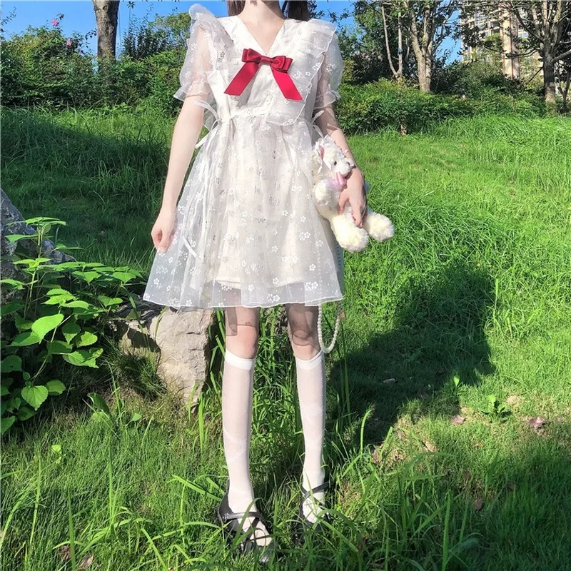 

Women Dress 2021 New Summer Sweet Japanese Style Fairy Net Yarn Stitching Floral Bow Tie V-neck High Waist Dress Female