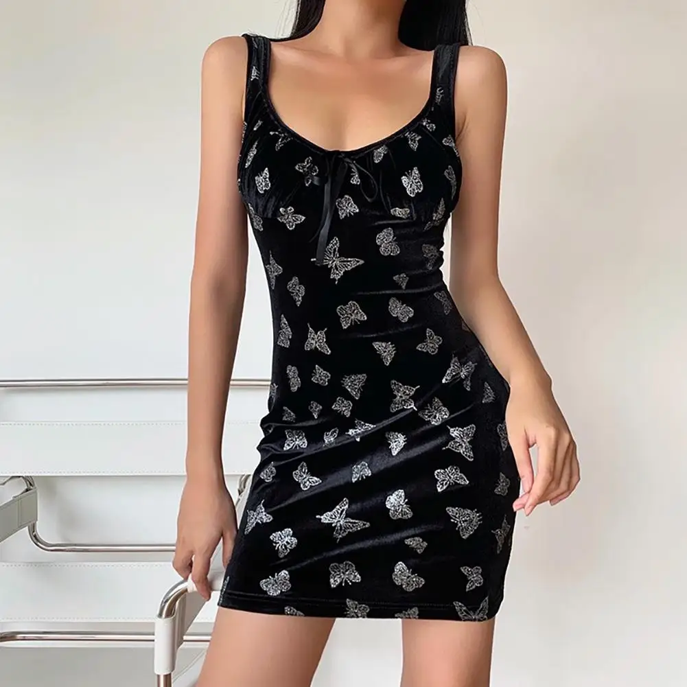 

Женское платье на бретелях-спагетти, готическое Короткое облегающее платье с U-образным вырезом, открытой спиной и принтом бабочек, эластич...