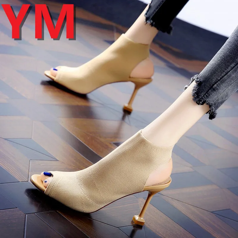 Сандалии женские с открытым носком высокий каблук 8 см классические трикотажные