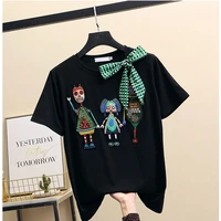 2021 summer machine embroidery sequined cartoon lace up bow cotton short sleeved t shirt womens loose t shirt top
