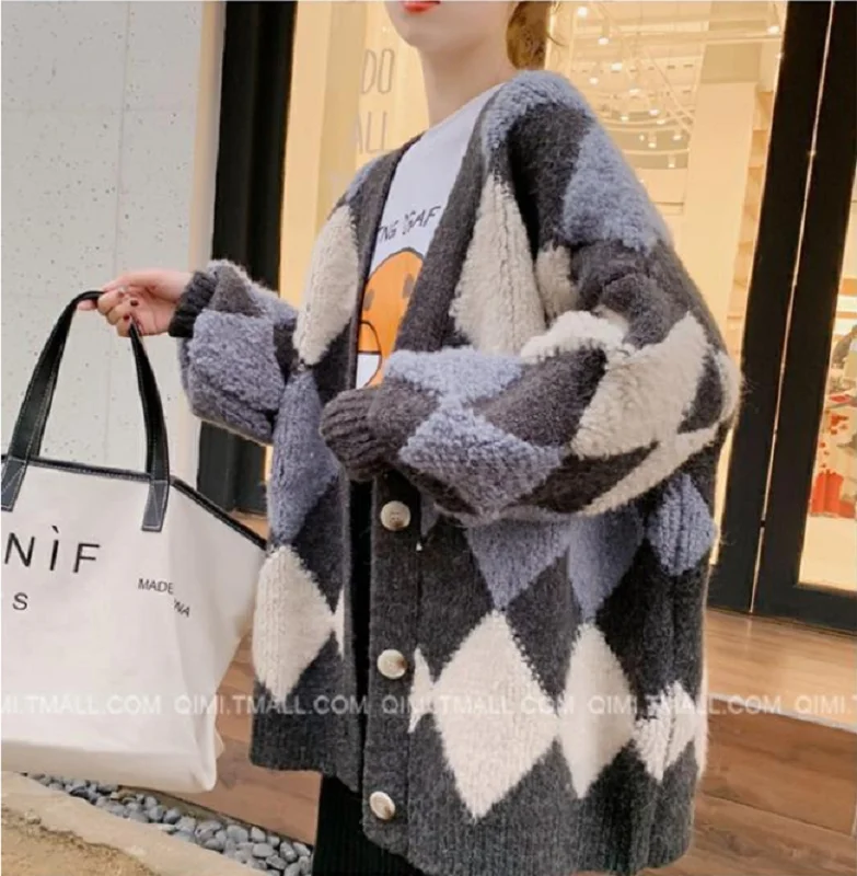 

Girls Knitwear Coats Mixed Colours Plaid Cardigan Sweater winter Knitted Overcoats Thicken Sweaters Casual V-neck Long Sweaters