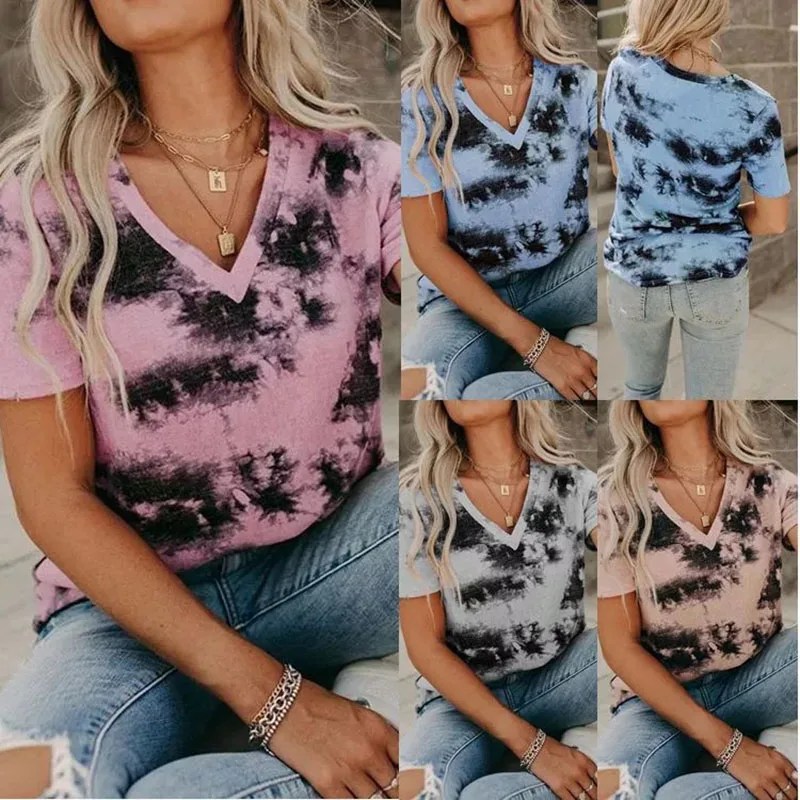 

New Summer Women's Fashion Printed V-Neck Cotton T Shirt Plus Size Casual Loose Tops S-2XL