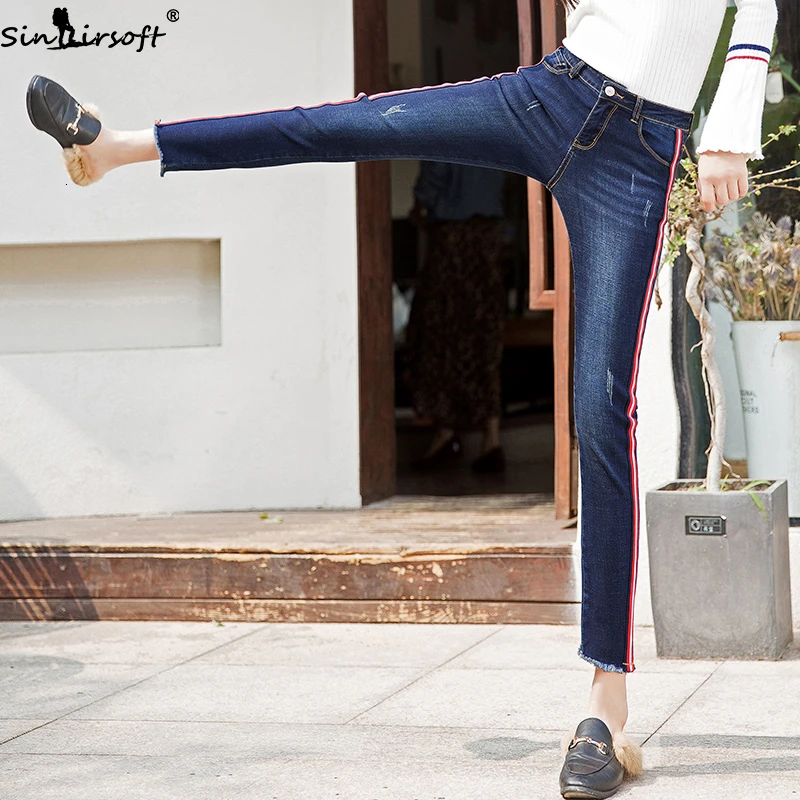 Осенние новые хлопковые мягкие высокие эластичные красные джинсы с лентой