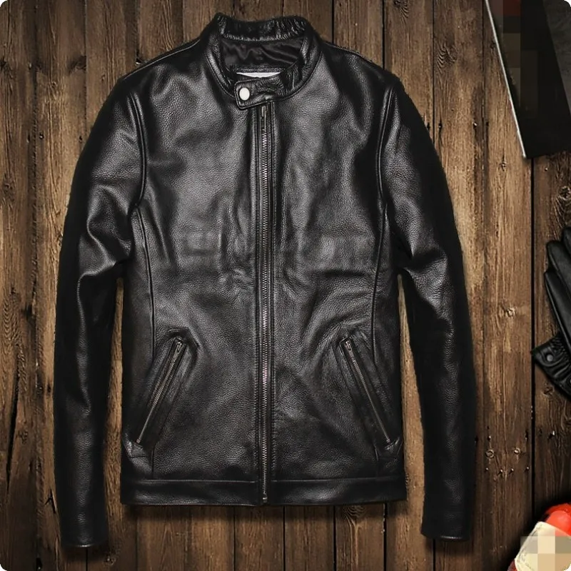 

Fashion Zipper 100% Real Leather Jacket Stand Collar Slim Fit Plus Size Male Coat Homens Jaqueta De Couro Blouson Moto