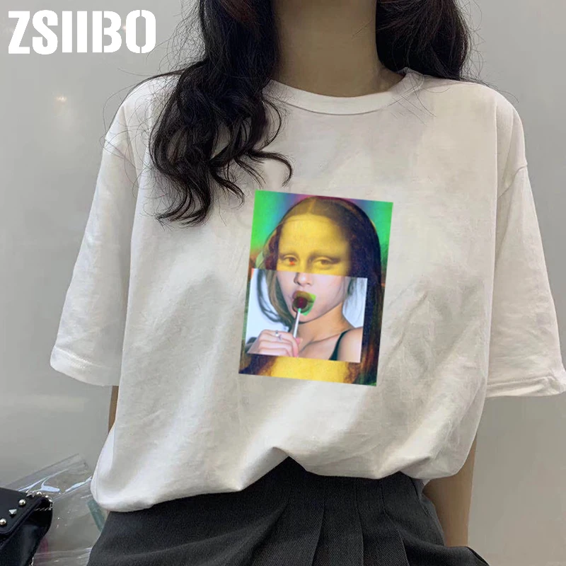 Harajuku Mona Lisa женские футболки с забавным принтом Футболка оверсайз уличная мода
