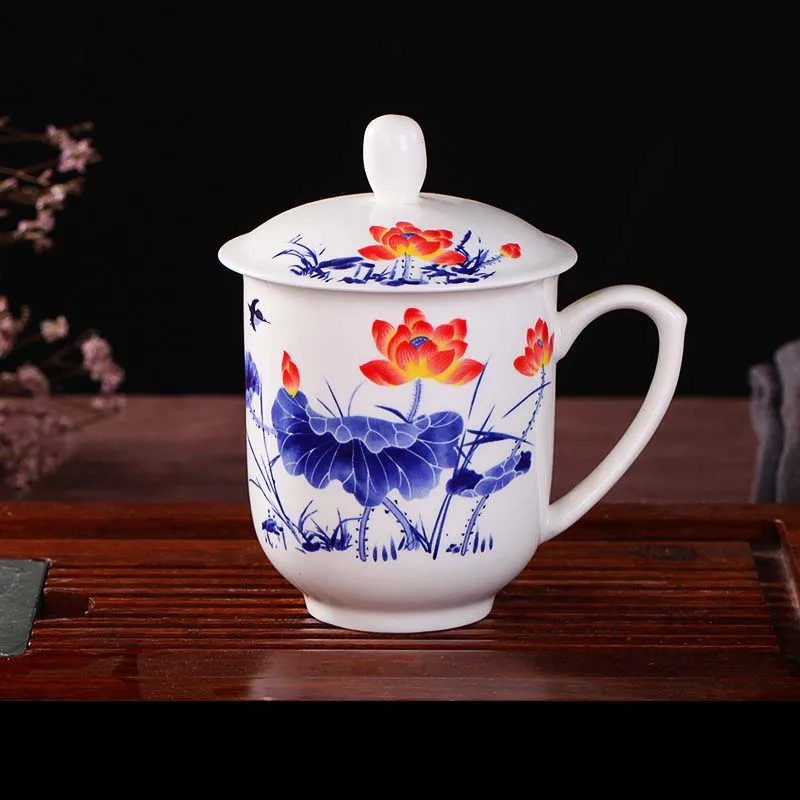 Blue Lotus Porcelain Cup With Lid Tea Cup Bone China Simple Mugs 13oz Mug Espresso Teacups Gift Art Decoration Mug Anniversary