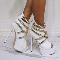 summer woman high platform golden chains strap crossed peep toe ankle boots super stiletto heel club banquet short booties