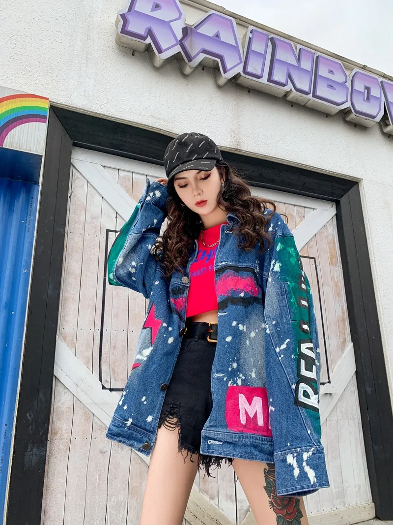 

Embroidered Denim Jacket Female Personality Spring And Autumn New Casual Graffiti Sequined High Quality Women Coats Outerwear