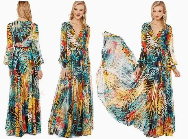 Vintacy модное женское летнее пляжное платье макси, Зеленое Длинное Платье с v-образным вырезом, богемное платье с рукавом-фонариком, платье в стиле бохо, женское вечернее платье