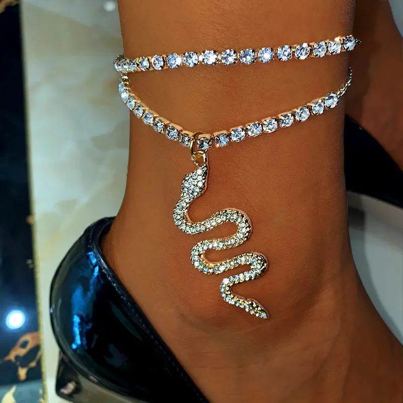 

AGUADEMAR 4MM Rhinestone Tennis Anklet Women Full Rhinestone Paved Snake Charms Foot Bracelet Leg Jewelry Multilayer Adjustable