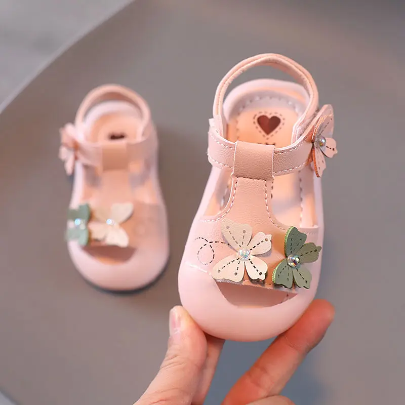 

Summer New Applique Butterfly Flower Little Baby Girls Toddler Sandals For First Walkers Pink White PU Soft Lighted Sandals 1028