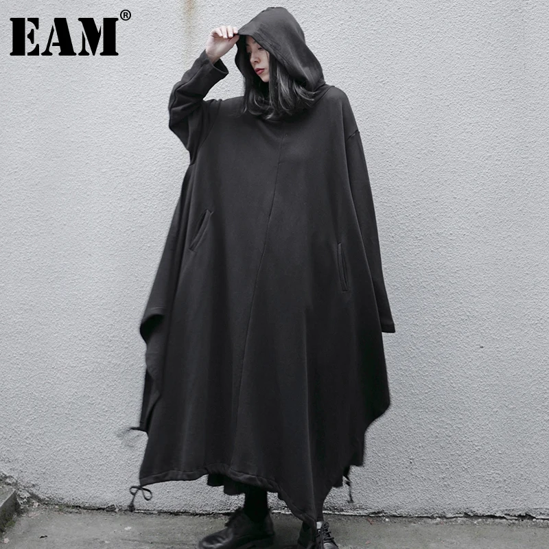 

[EAM] Women Black Irregular Big Size Long Dress New Hooded Long Sleeve Loose Fit Fashion Tide Spring Autumn 2022 1DE4690