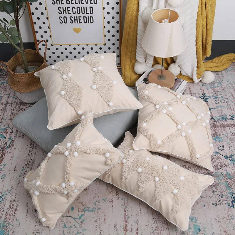 

Beige Seat Cushion Cover 45x45cm Bohemian Style Cotton Linen Pillowcase Tufted with Ball Geometric Suede Cushion Home Decoration