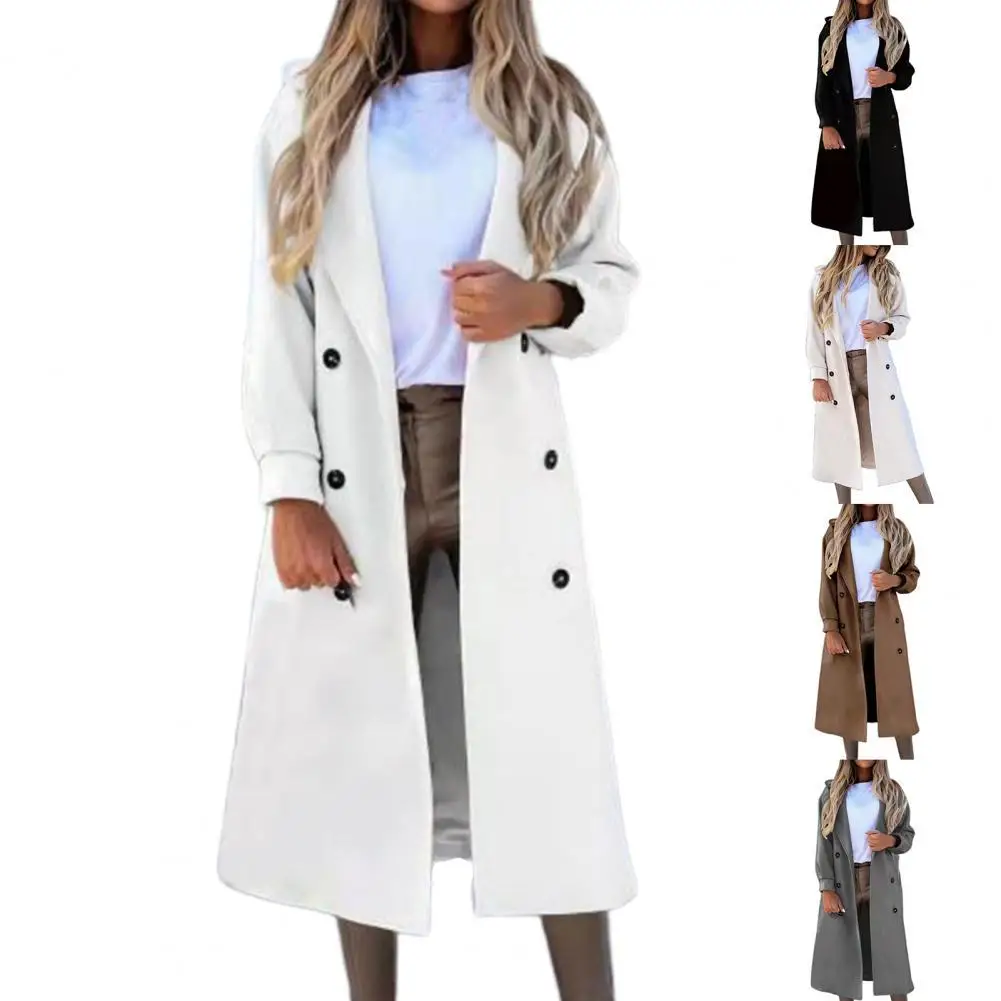 

Hot Sales Women Long Coat Solid Color Double Breasted Autumn Winter Warm Suit Collar Long Sleeve Overcoat for Office