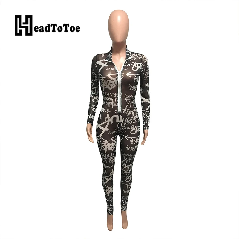 

Letter Print Mesh Zip Club Jumpsuit Women Full Sleeve O-neck Sheath Long Romper Women