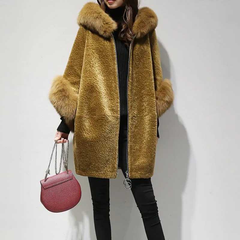 

2021 New Designer Womens Real Wool Coat Medium With Foxes Fur Hood Fur Coats Female Loose Zipper Shearling Abrigo Mujer